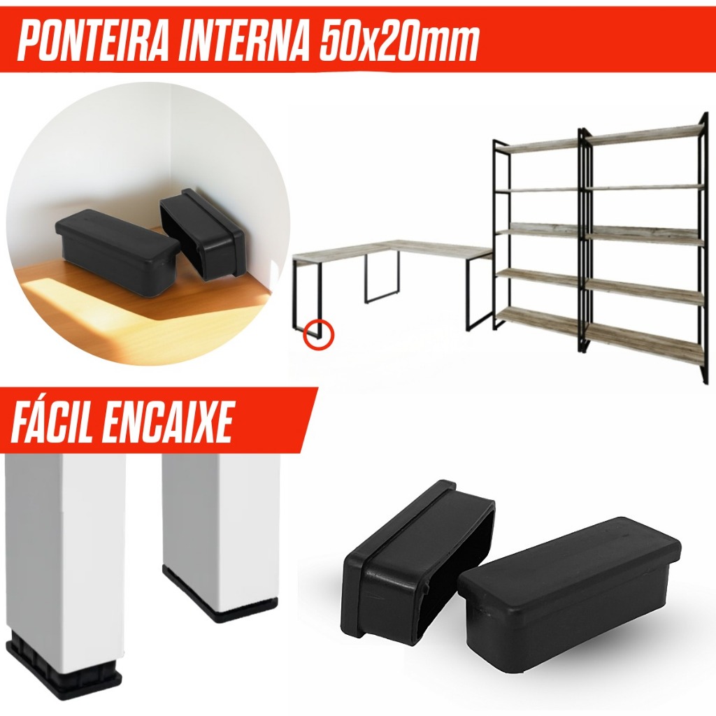 Kit 20,40,80,100,120 Ponteiras 50x20 Retangular Interna Preta Acabamento Tubo Protege Piso Não Risca Cadeira Kit Top