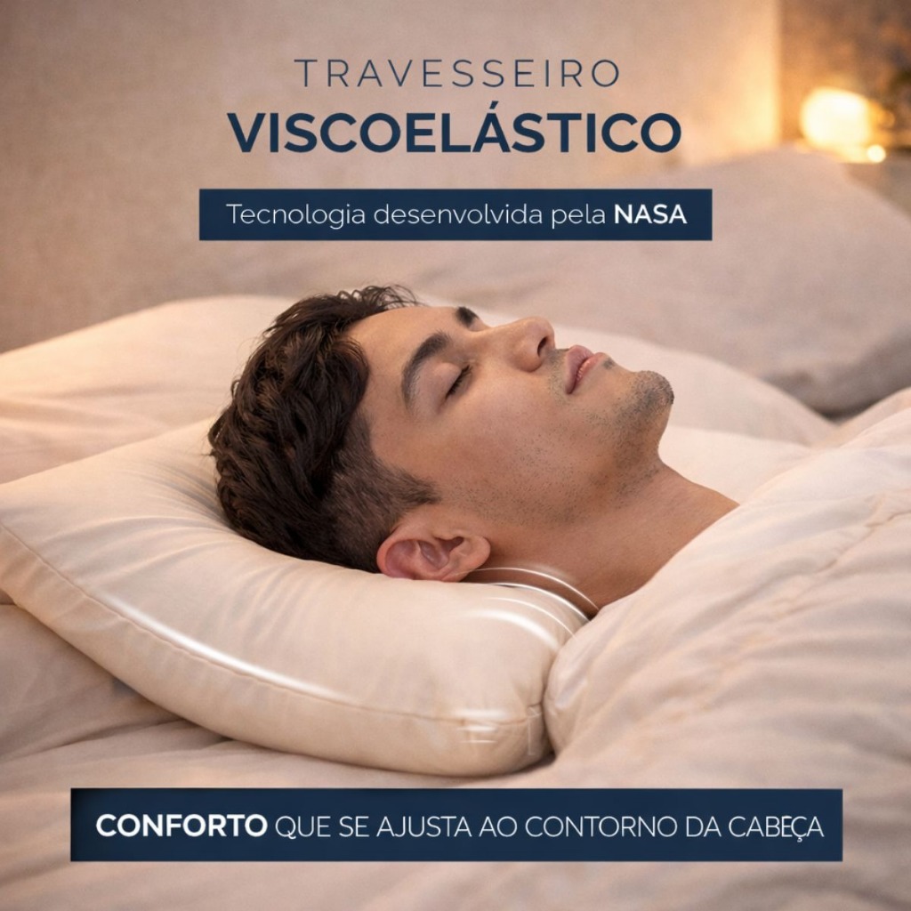 Travesseiro Nasa 70cm x 50cm Suporte Firme Viscoelástico Ortopédico Revestimento 100% Poliéster