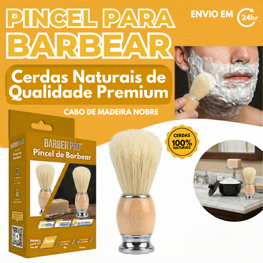Pincel de Barba Cabo Anatômico e Cerdas Macias - Uso Diário ou Profissional