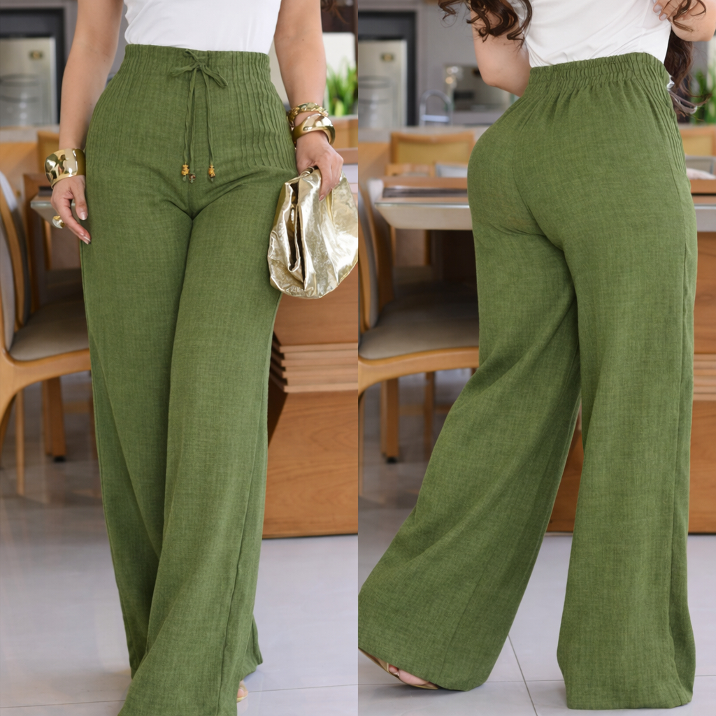 Calça Pantalona Feminina Branca Linhão Cintura Alta Elástico e Zíper em Oferta na Shopee