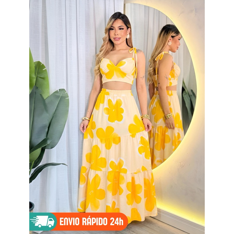 Conjunto Feminino Cropped Forrado e Saia Longa Suede Estampado Floral Verão Moda Blogueira Tendência
