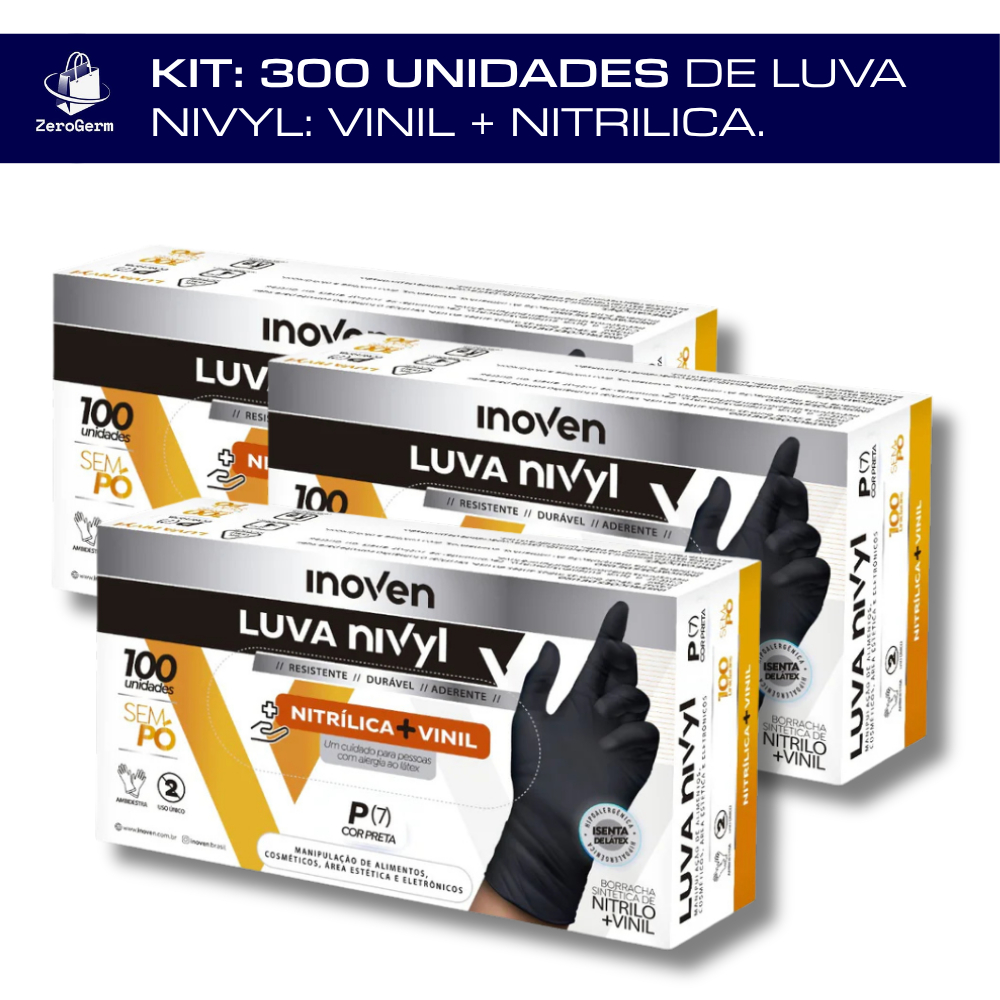 Kit 300 Uni. Luva Descartável de Nivyl PRETA | 2 CAIXAS SEM PÓ de Nitrílica / Nitrilo + Vinil