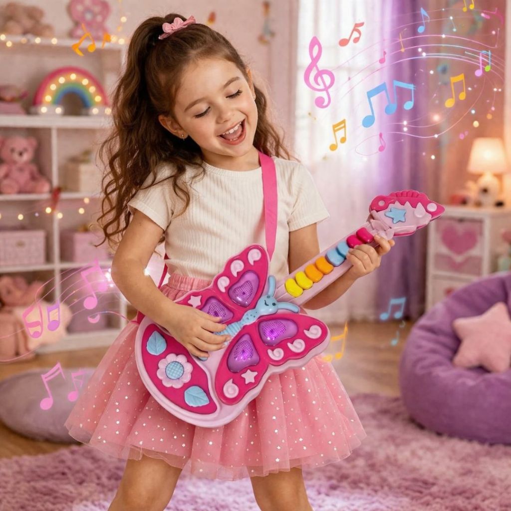 Guitarra Infantil Musical Borboleta com Luzes e Som Brinquedo Educativo Divertido Criança