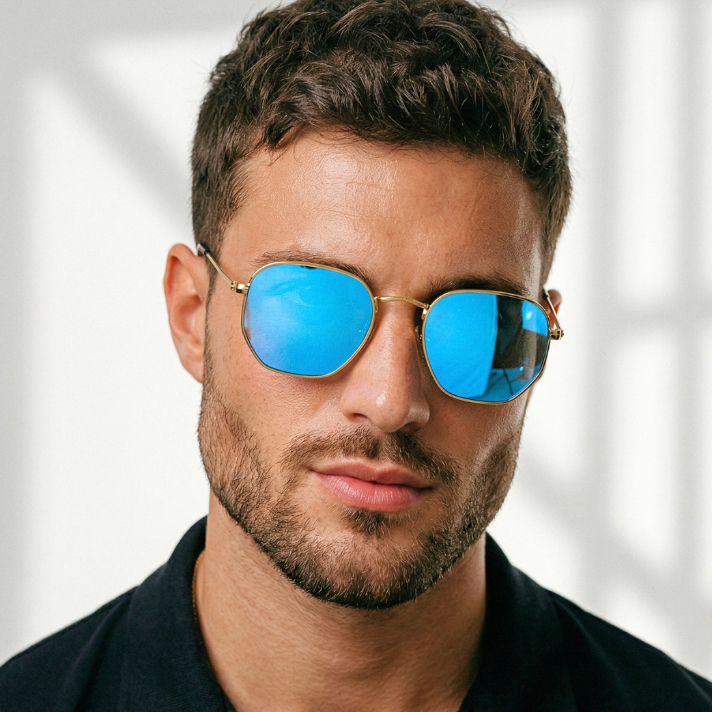 Oculos de Sol Hexagonal Azul Turquesa Premium Fino Blogueira Tendencia uv400 Masculino Feminino