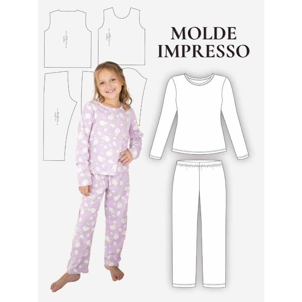MOLDE EM PAPEL KRAFT PIJAMA INFANTIL E INFANTOJUVENIL MENINA MANGA LONGA MOLDE DE ROUPA - MOLDE PARA COSTURA IMPRESSO