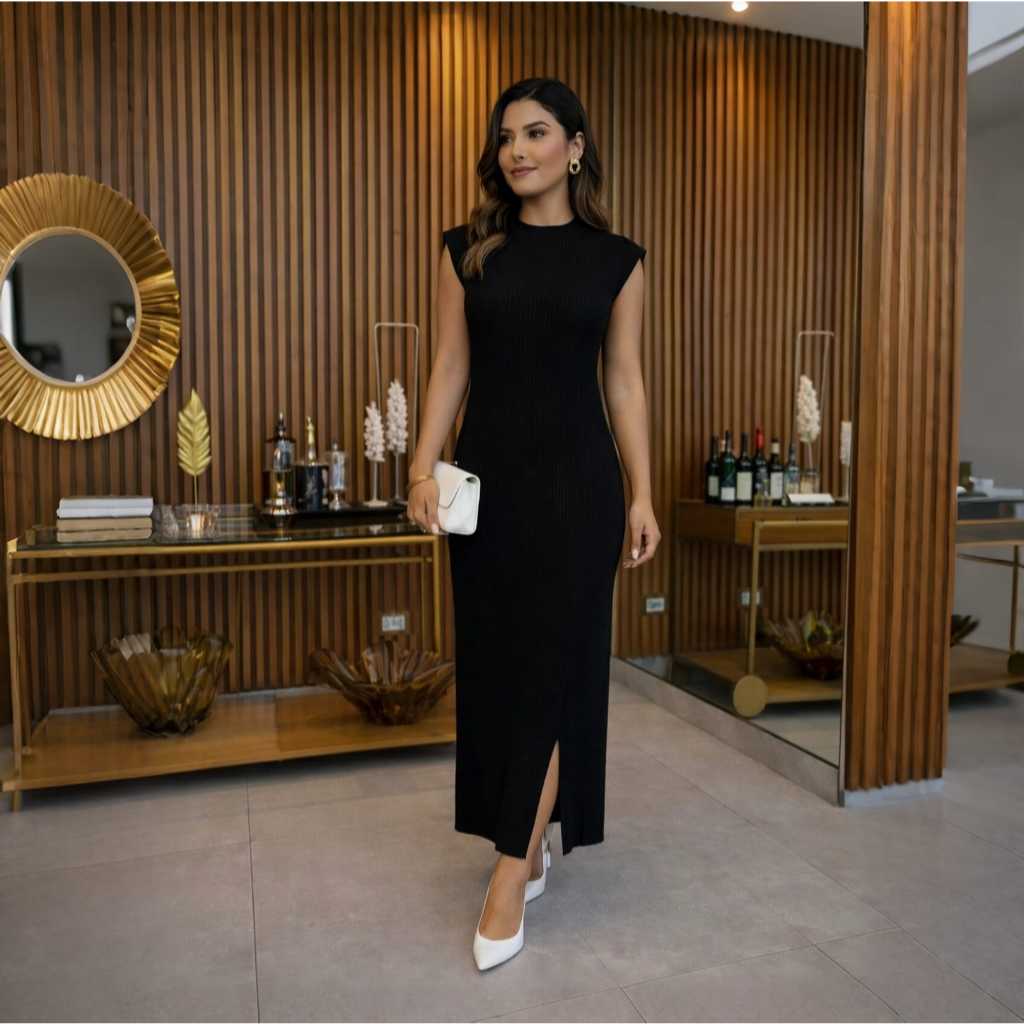 Vestido Longo Muscletee Feminino Casual Ombreira tubinho Moda plus size preto mocha mousse