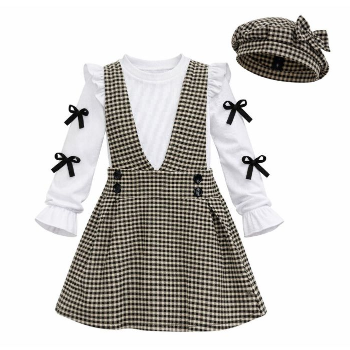 Salopete Infantil Xadrez Rosa com Boina Conjunto Menina 2 a 8 anos Vestido Jardineira Moda Outono Inverno