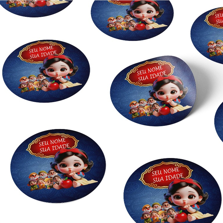 96 Tags Adesivos Rótulos Redondo 4X4 Festa Aniversario BRANCA DE NEVE BABY Ou Qualquer Outro Tema