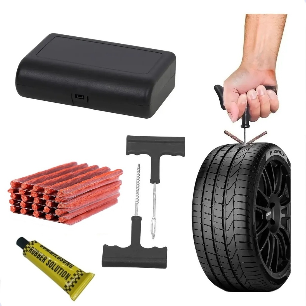 Kit Ferramenta Com 25 Remendo Para Reparo De Pneu Carro / Moto + Estojo