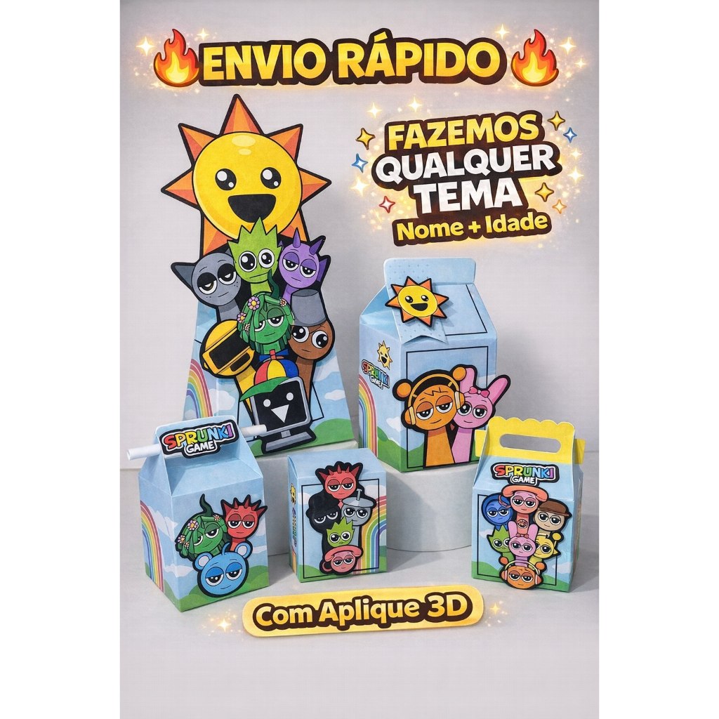 Kit Festa SPRUNK Personalizado | Lembrancinha Infantil c/ Aplique 3D | Nome e Idade | Qualquer Tema