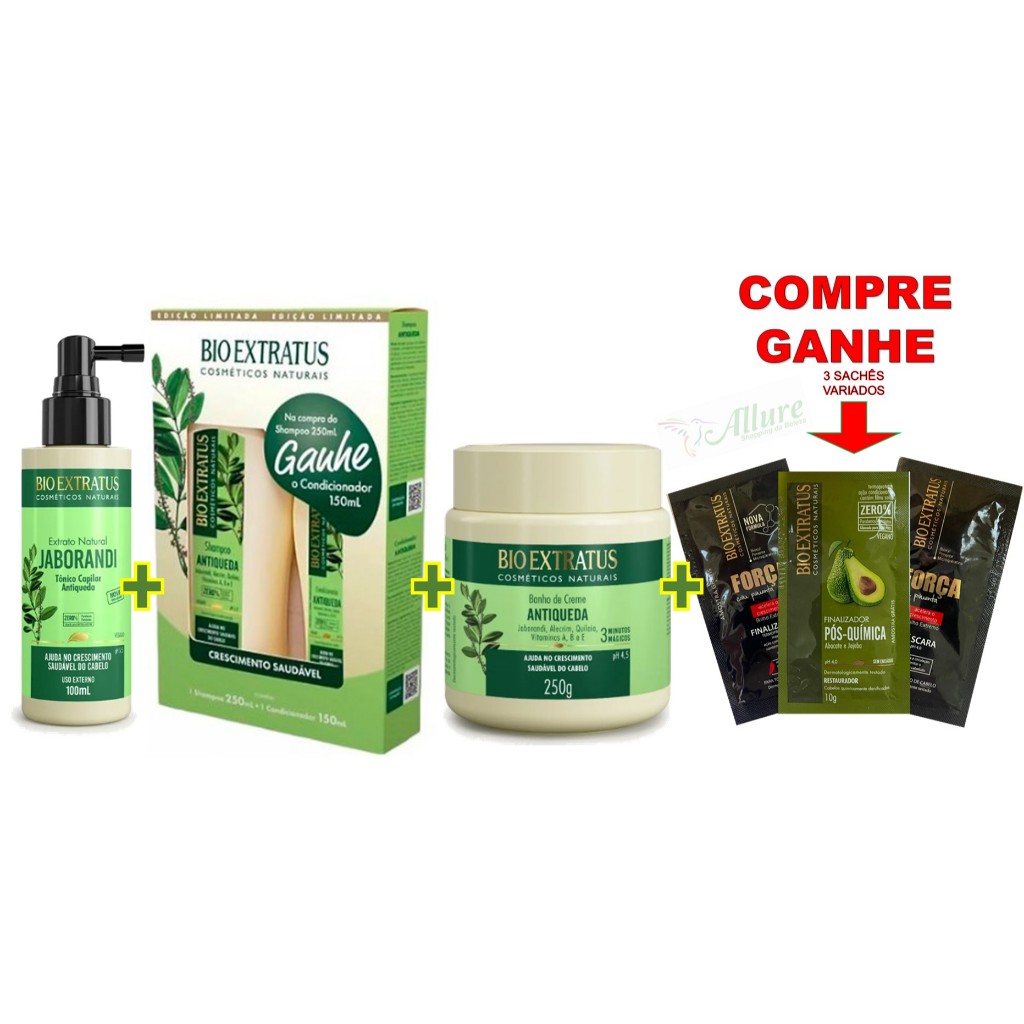 KIT ANTIQUEDA JABORANDI BIO EXTRATUS  SH 250ml+COND 150ml +BANHO 250G+TÔNICO 100ML+ 🎁BRINDE 3 SACHES