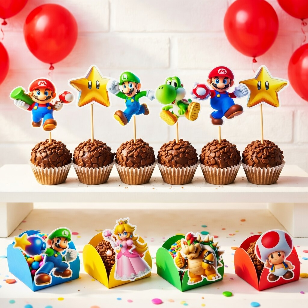 50 Forminhas de doce e 50 Topper Super Mário Personalizados Festa Infantil Aniversário Beijinho Brigadeiro