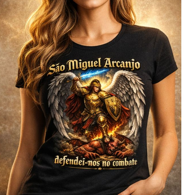 BLUSA  TSHIRT FEMININO CRISTÃ CATÓLICA SÃO MIGUEL ARCANJO 100 % ALGODÃO PRETO MALHA PREMIUM