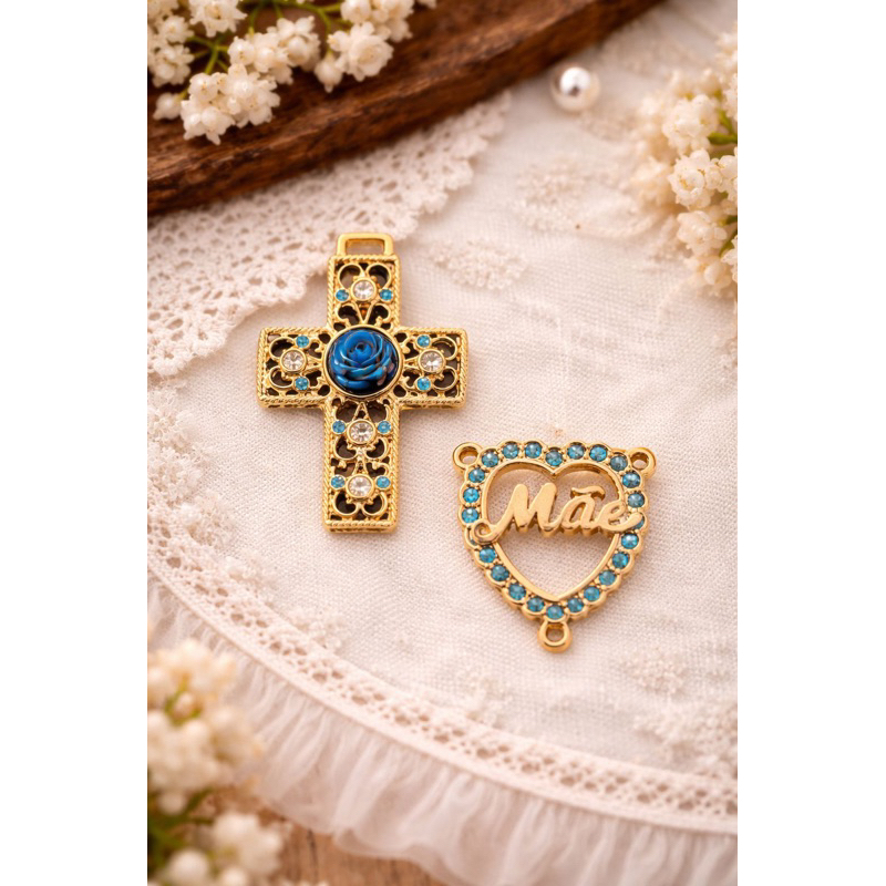 kit entremeio coração mãe + Cruz com strass para terço