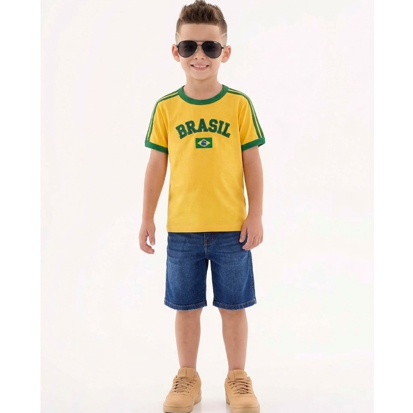 Camiseta Infantil Bandeira do Brasil Bordada Torcedor de Algodão Premium