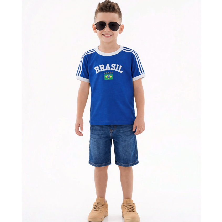 Camiseta Infantil Bandeira do Brasil Bordada Torcedor de Algodão Premium
