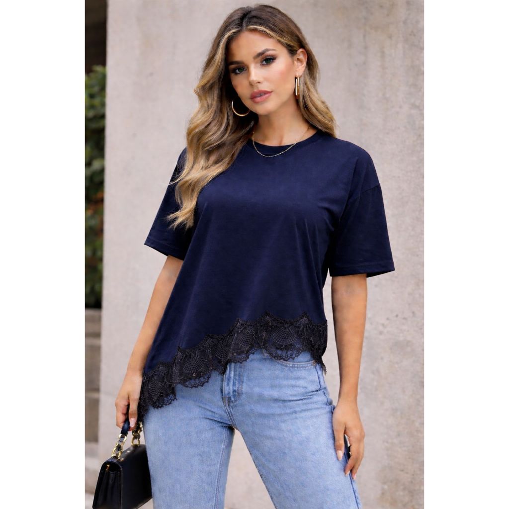 Blusa Feminina Soltinha com Renda na Barra Manga Curta Básica Elegante Tamanho Único em Oferta na Shopee