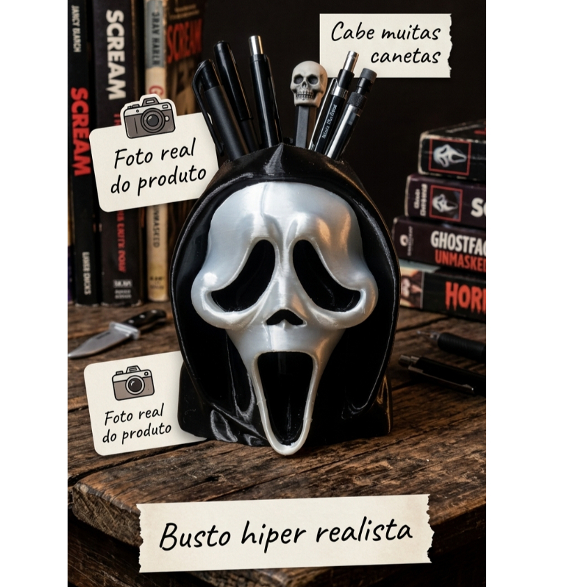 Porta Lapis e Canetas busto Ghostface O Pânico Filme Terror Nerd- Organizador Mesa Geek Decoração Mesa Setup