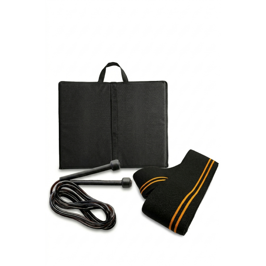 Kit Treino Colchonete Preto Dobrável Com Corda de Pular Elastico Fitness Treino Academia Casa Pernas