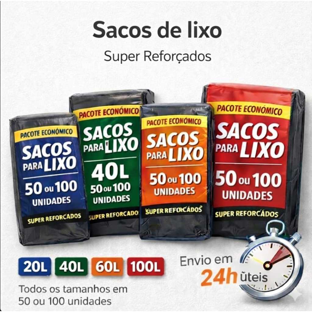Saco de Lixo 50 ou 100 unidades Reforçados Resistentes - Tamanhos 20/40/60/100 Litros