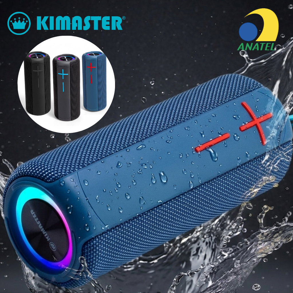 Caixa de Som Bluetooth Resistente à Água Bateria 10 Hr Kimaster 18W com Alça, LED RGB USB Rádio FM