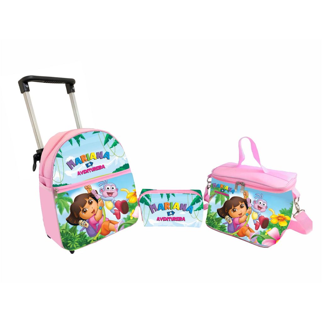 Kit Mochila 3 Peças Dora A Aventureira de rodinhas carrinho personalizada com o nome
