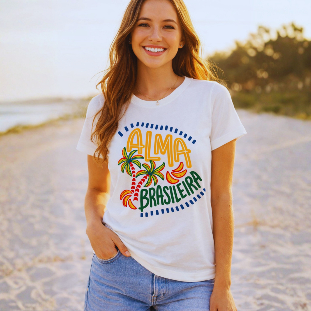 Camiseta Feminina Básica Alma Brasileira Estampa Moda Tropical Praia Algodão Confortável Brasil