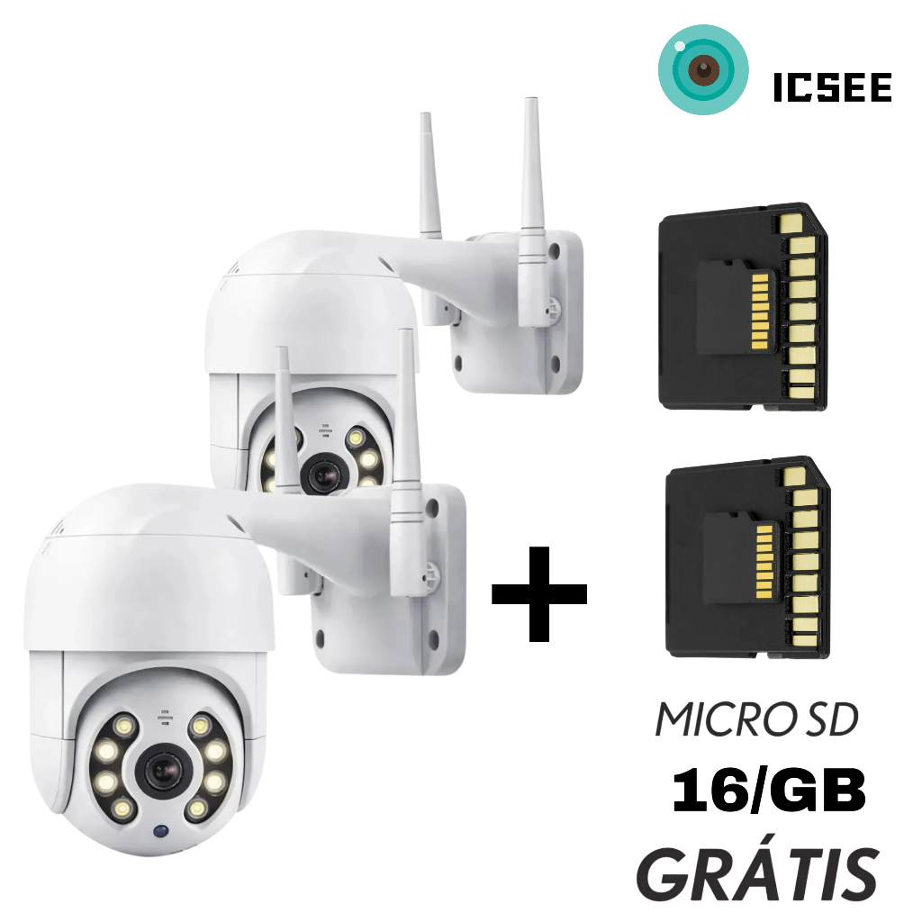 Kit2 Câmeras Segurança IP WiFi Externa iCSee Infravermelho Prova D’Água +Cartão MicroSD 16GB