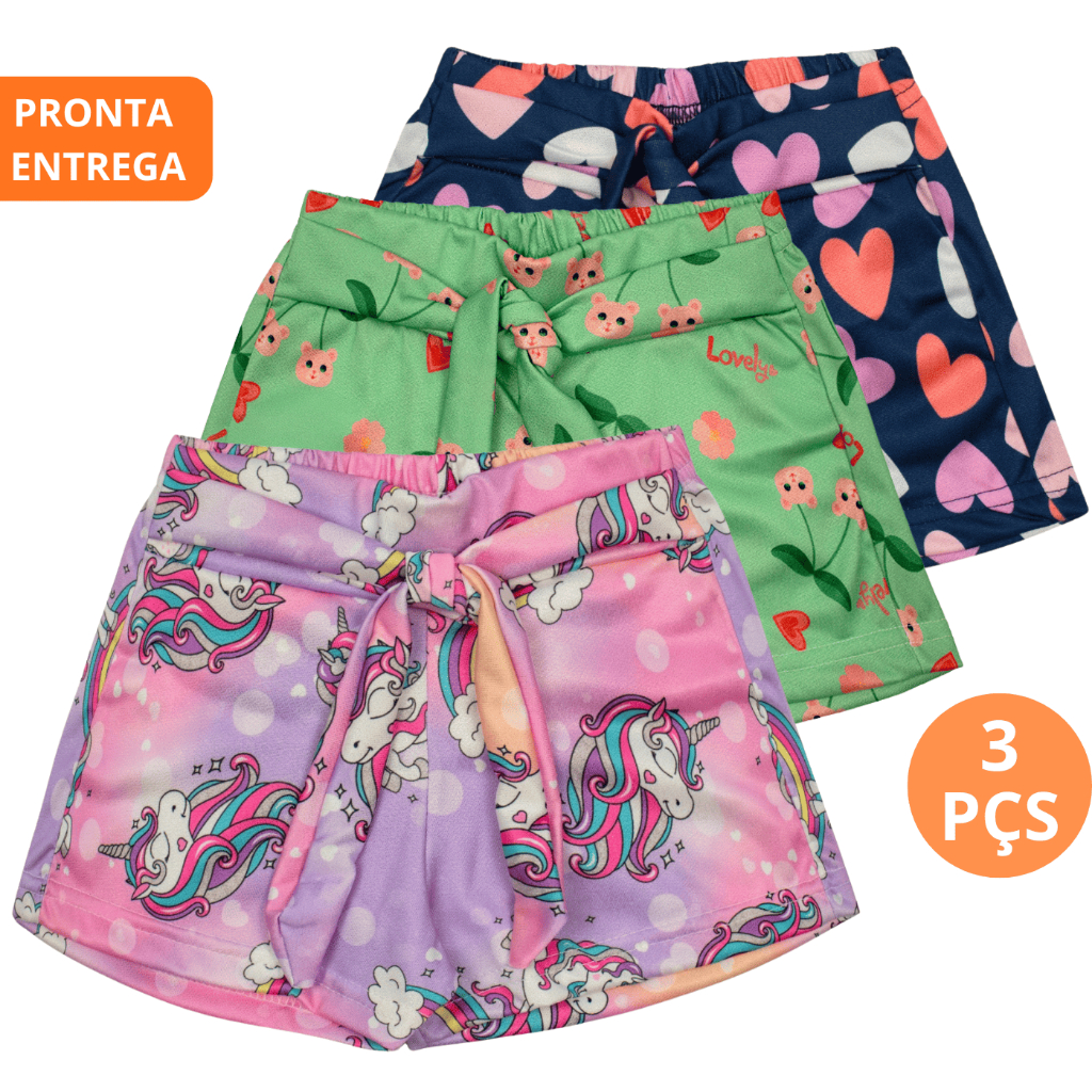 Kit 3 Shorts Infantil Menina Bermuda verão infantil dia a dia estampas coloridas