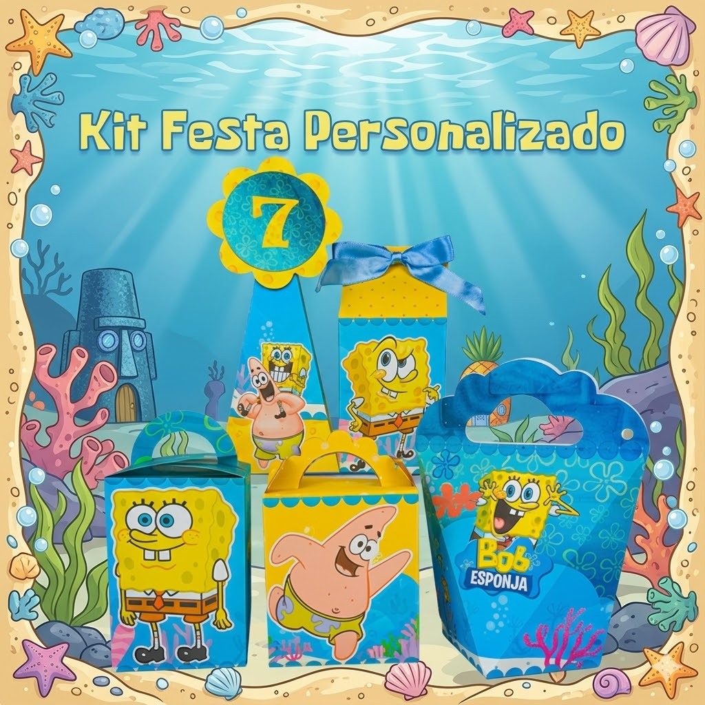 Kit Festa 5 Modelos Caixinhas Tema Aniversário Bob Esponja Personalizadas com Nome e Idade