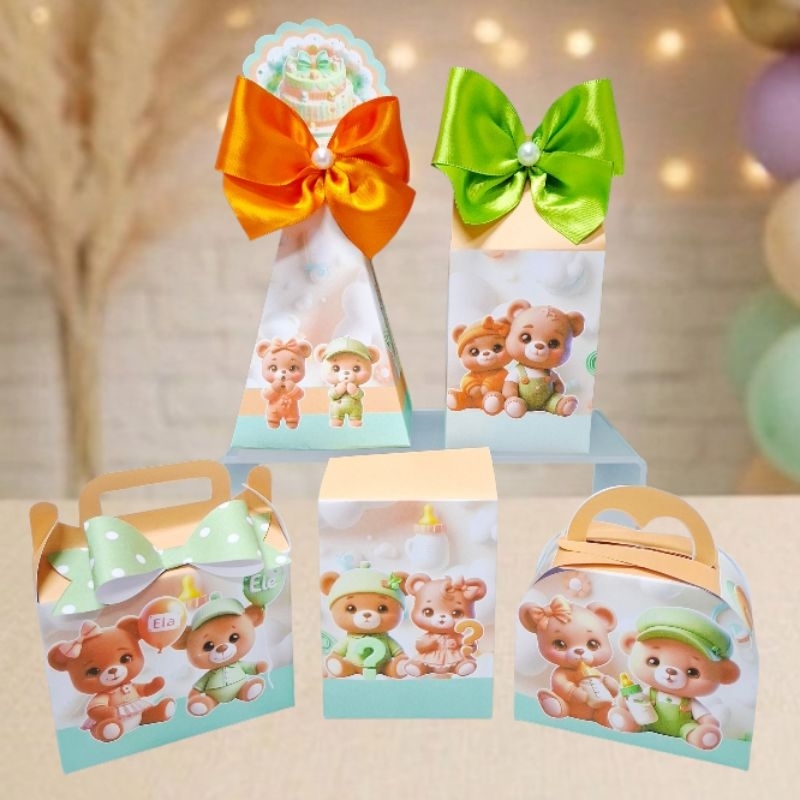 Kit Caixa Personalizados Chá Revelação Ursinho Laranja e Verde - Caixinhas para Festa - (PEGUE E MONTE ou MONTADO)