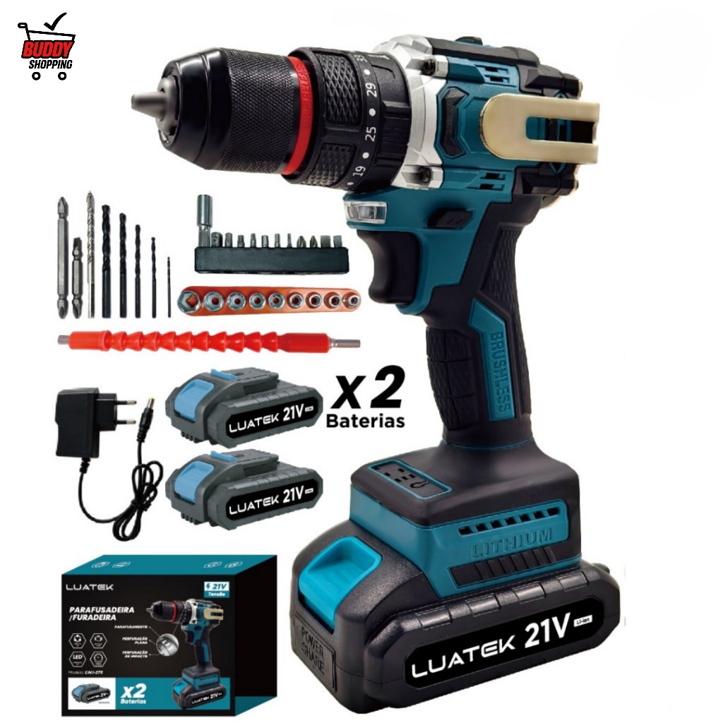 Parafusadeira Furadeira Impacto 21V Brushless 2 Baterias Profissional Kit Completo Maleta  Luatek LWJ-275 em Oferta na Shopee