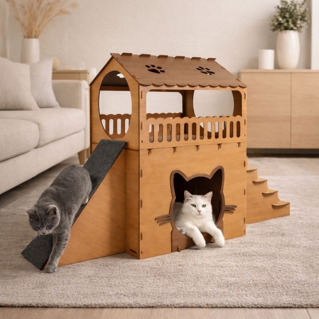 Playground Casinha De Gato 2 Andares Casa Pet Duas Superfícies Rampa Escada Carpete Toca Animal MDF