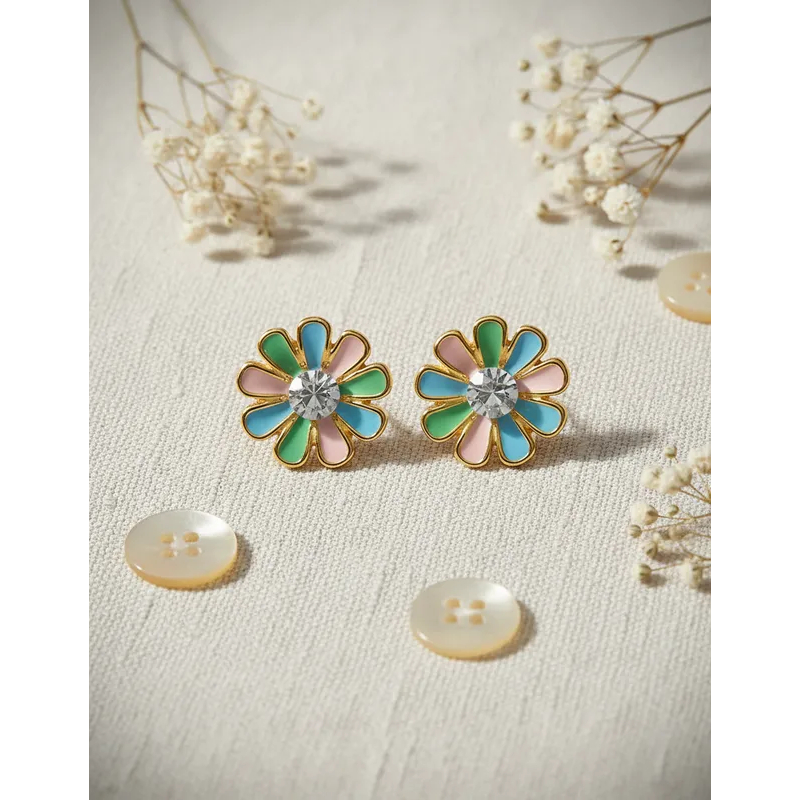 Brinco Florzinha de Cristal com Tarraxa Baby Banho Ouro 18k Antialérgico