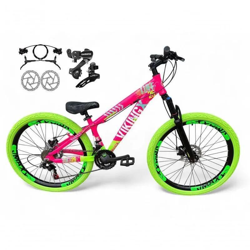 Bicicleta VikingX Aro26 Tuff25 21V Câmbio Shimano Freio a Disco Hidráulico Roda Vmaxx Pneu Flame Verde - Rosa Verde