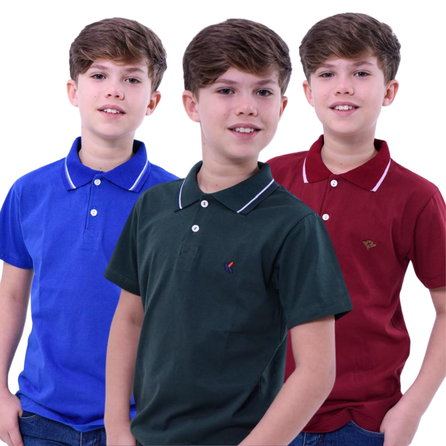 Kit 3 Camisas Gola Polo Infantil Masculina Algodão Confortavel Coloridas