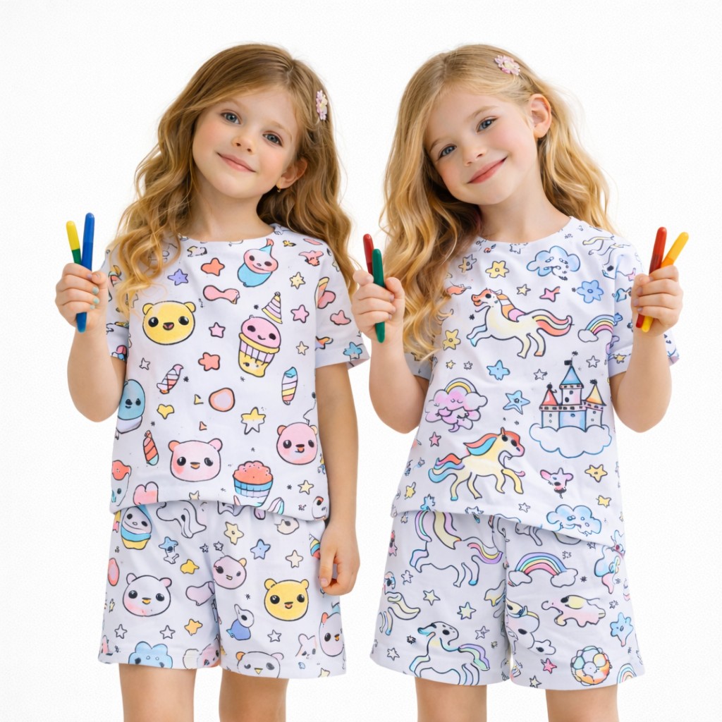 Pijama Infantil Menina Para Pintar Kit com Canetinhas 2 a 14 Anos Short e Blusa Divertido Criativo