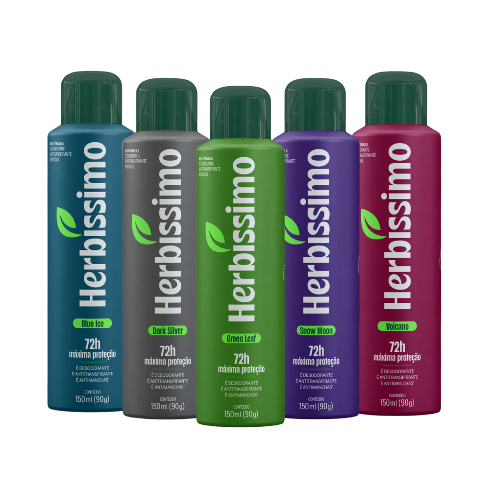Kit Desodorante Antitranspirante Aerossol Herbíssimo Green + Snow + Volcano + Blue + Dark Silver 150Ml (5 unidades)