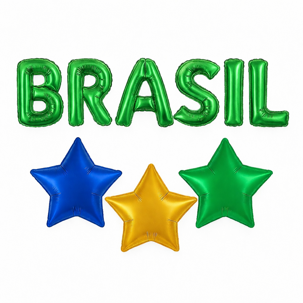 Balão Metalizado Conjunto Letras Brasil Dourado Estrelas decoração 9 peças