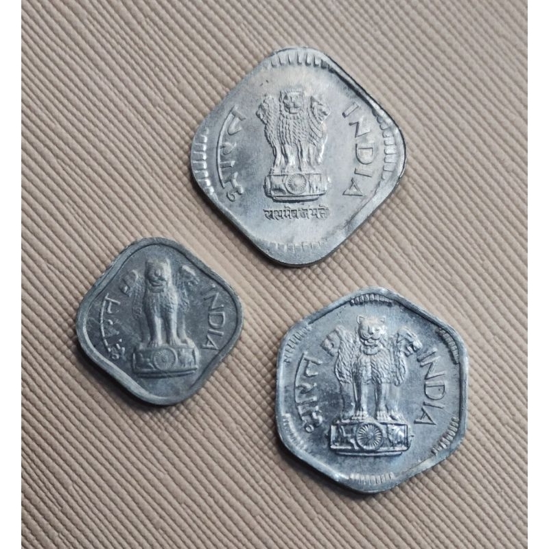 Moedas da Índia, 1, 3 e 5 Paisa, 1971-1987, Alumínio, Formatos Especiais, Flor de Cunho.
