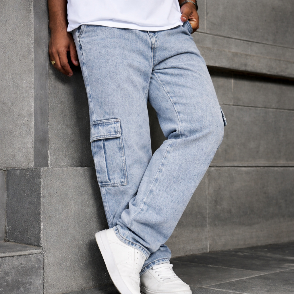 Calça Cargo Masculina Jeans Com Cordão Streetwear Balão