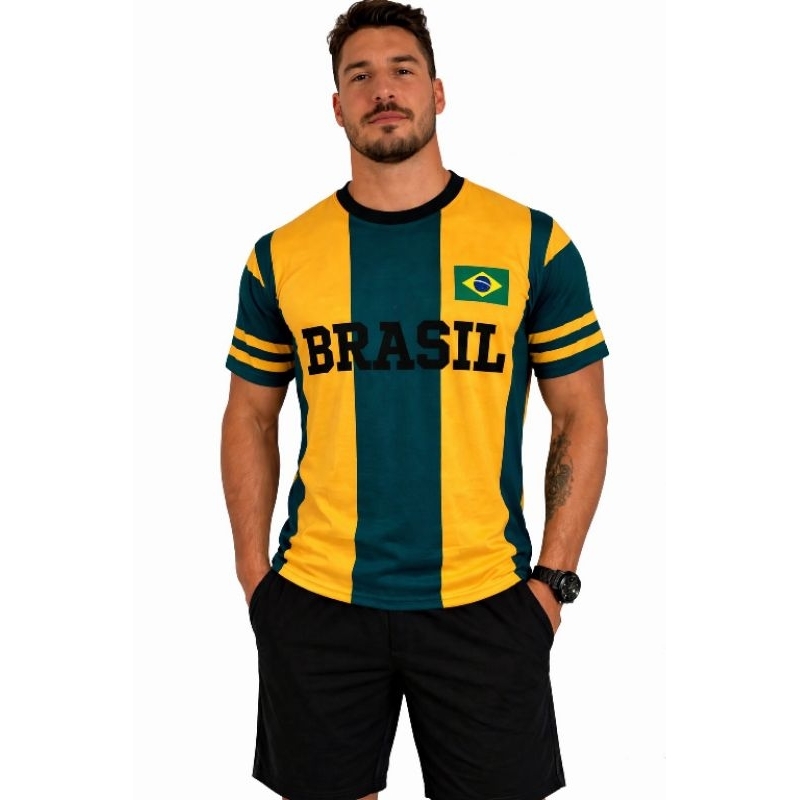Camisa Brasil Listrada Masculina 🇧🇷 Suede Premium | Estampa BRASIL e BRAZIL | Conforto e Estilo