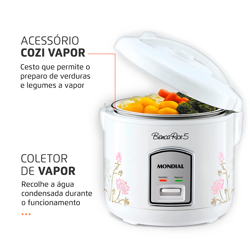 Panela de Arroz Elétrica 5 Xícaras 400W NPE-05-5X Branca Mondial - 220V — imagem 2 de 2