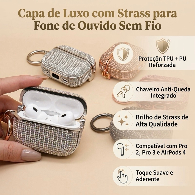 Capa Brilhante para Fone Sem Fio Luxo com Strass Case Protetora TPU + PU com Chaveiro Anti-Queda Compatível pro2 pro3 4