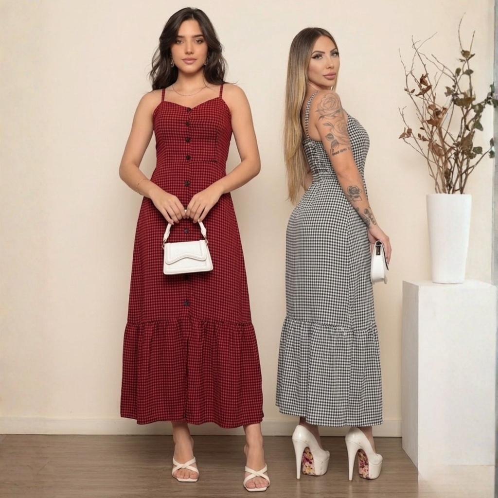 Vestido Longo Xadrez Feminino Elegante Alcinha com Bojo Lastex nas Costas Soltinho Festa Junina