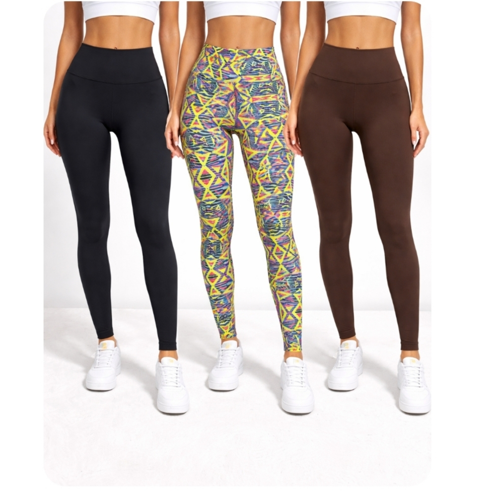 Kit  3 Calça Leggings Femininas Cintura Alta Poliamida e suplex Lisa e Estampada Academia Caminhada Fitness Confortável