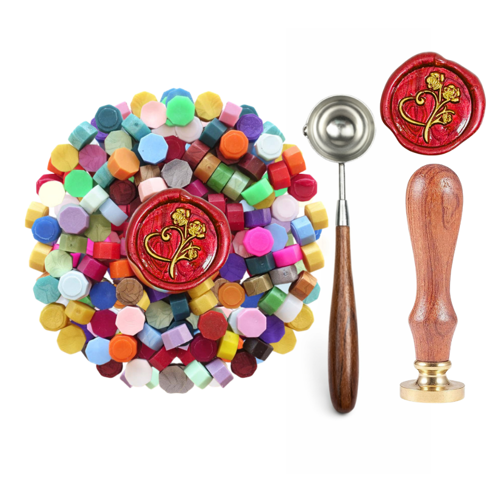 Kit Lacre, selo de Cera (Sinete completo coração com rosa) + colher + 200 Ceras em Oferta na Shopee