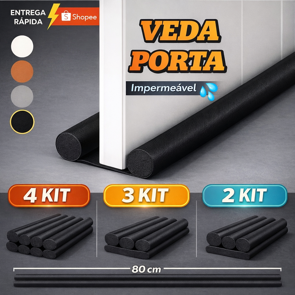 Kit 2, 3 ou 4 Veda Porta 80cm Impermeável | Anti Poeira, Água e Insetos | Vedação Dupla