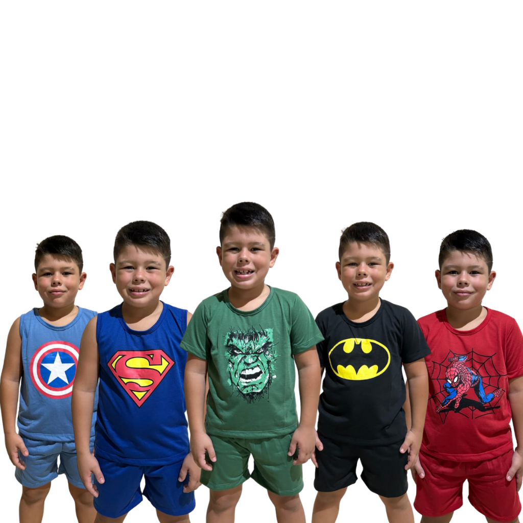 Kit 2 Pijamas Meia Manga Infantil Masculino Super-Heróis Estampado Confortável