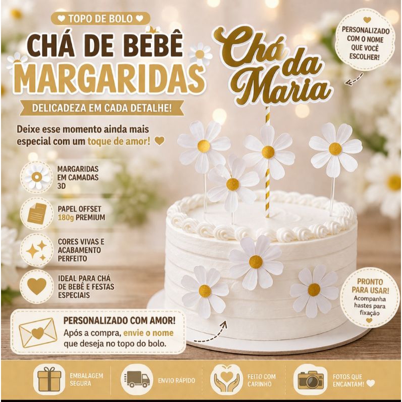 Detalhes do Topo de Bolo Chá de Bebê Margaridas - Decoração de Bolo Chá de Bebê,Topo de Bolo Jardim das Margaridas – Festa Encantada
